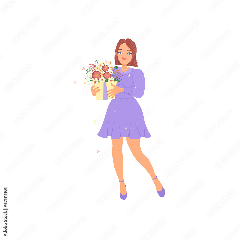 A beautiful woman holds a box of flowers in her hands. Concept for Mother's Day, March 8, Women's Day, Valentine's Day. Vector illustration in flat cartoon style. A beautiful woman holds a box of flowers in her hands. Concept for Mother's Day, March 8, Women's Day, Valentine's Day. Vector illustration in flat cartoon style.