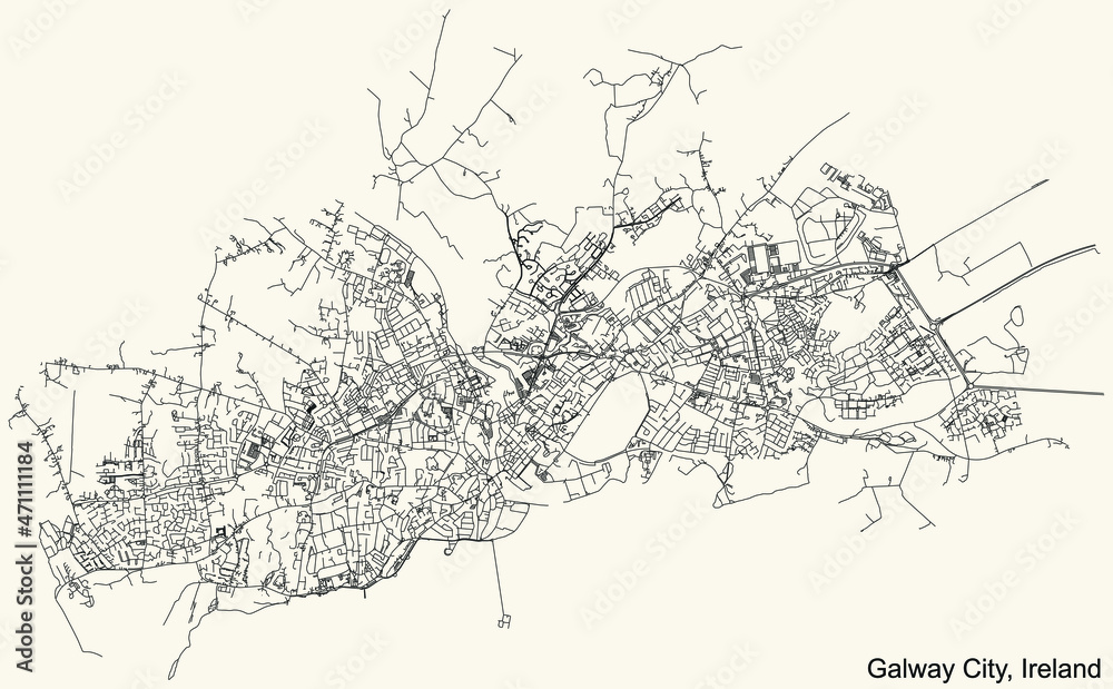 Detailed navigation urban street roads map on vintage beige background of the Irish regional capital city of Galway City, Ireland