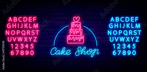 Cake shop neon label. Sweet bar with alphabet. One line drawing. Isolated vector stock illustration