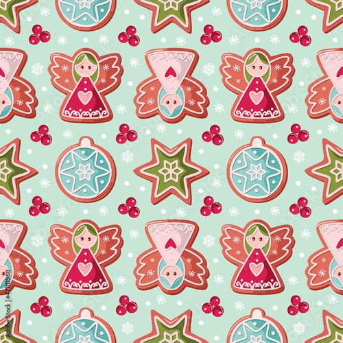 Christmas seamless background. Gingerbread angel and holly. Ornamental pattern for wrapping paper, banners, pajamas. Raster