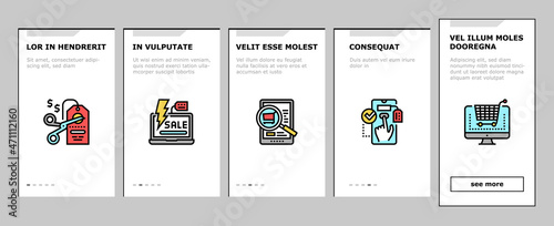 Ecommerce And Online Shopping Onboarding Mobile App Page Screen Vector. Ecommerce Smartphone Application And Online Payment, Electronic Purchase And Choosing Product, Discount And Sale Illustrations