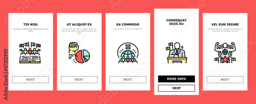 Democracy Government Politic Onboarding Mobile App Page Screen Vector. Democracy Parliament And Political Voting, Citizen Patriotism And Social Justice, Majority Rules Minority Rights Illustrations