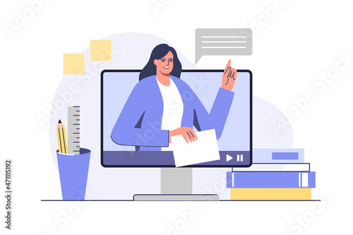 Female teacher conduct lessons online. Video course, web seminar, internet class, personal teacher service for individual distant home self education.