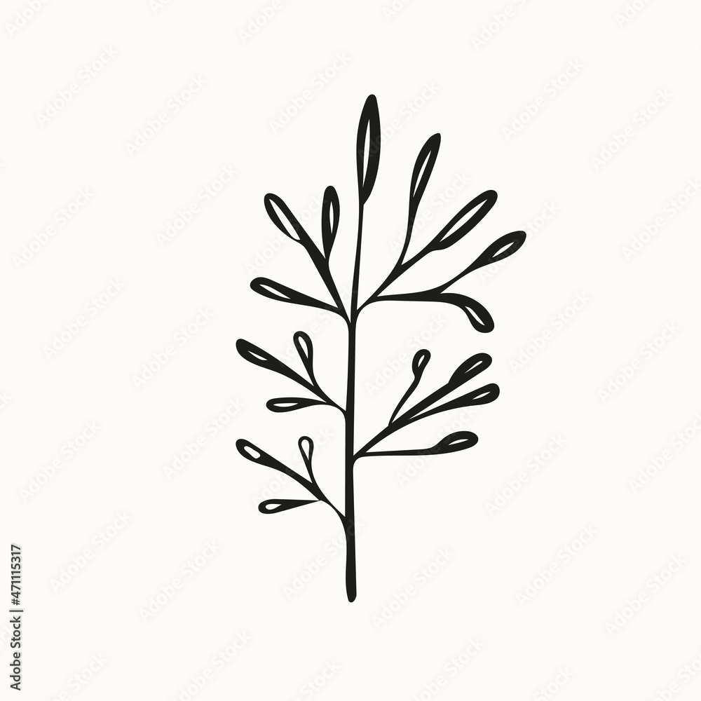 Organic nature. Branch with leaves on a beige background. Vector illustration for postcard, poster, interior, textile.