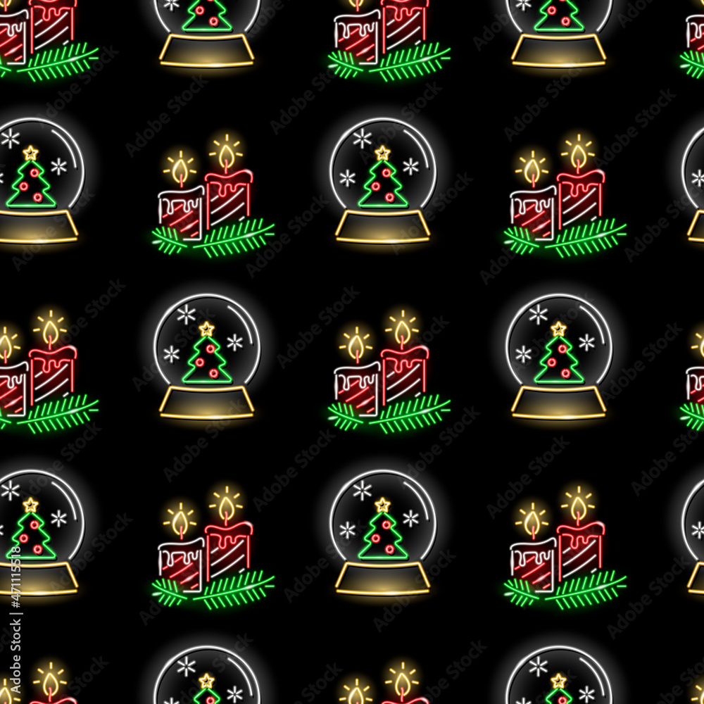 Neon Christmas seamless pattern with candles and snow globe ball with Xmas tree on black background. Cozy home, New Year, winter concept for wallpaper, wrapping, print. Vector 10 EPS illustration.