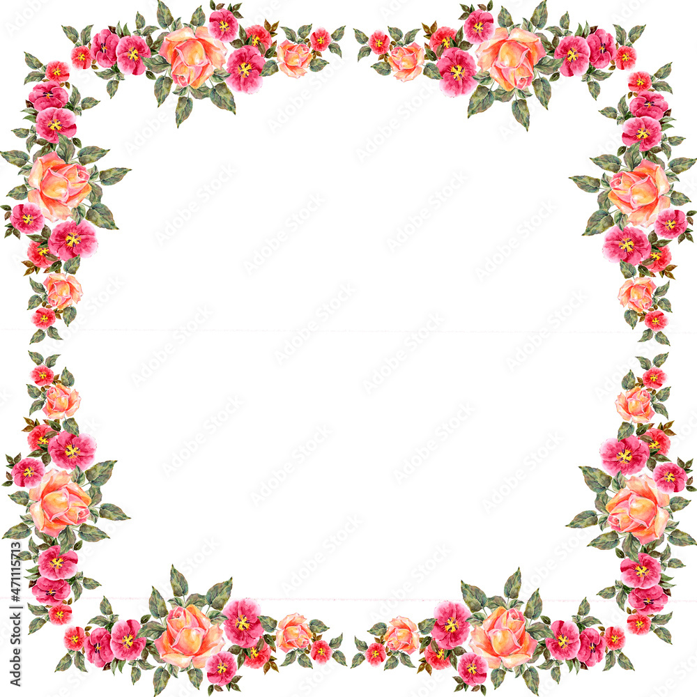 Illustration with frame flowers  rose on white background.