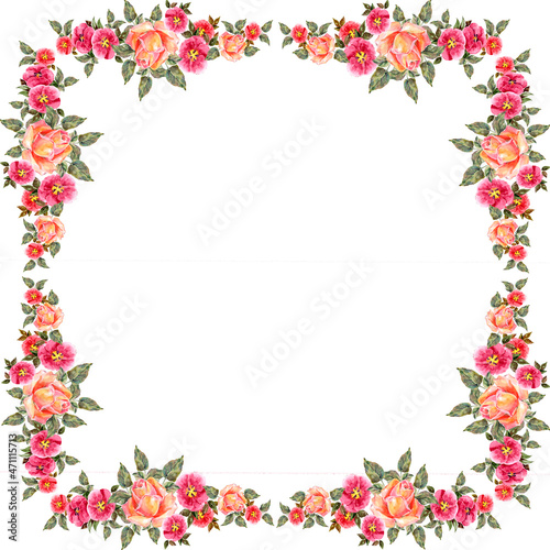 Illustration with frame flowers rose on white background.