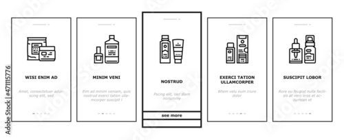 Cosmetics Package Beauty Product Onboarding Mobile App Page Screen Vector. Facial Toner And Lotion Package, Soap And Hand Cleanser Tube, Nail Polish And Remover Bottle, Bath Container Illustrations