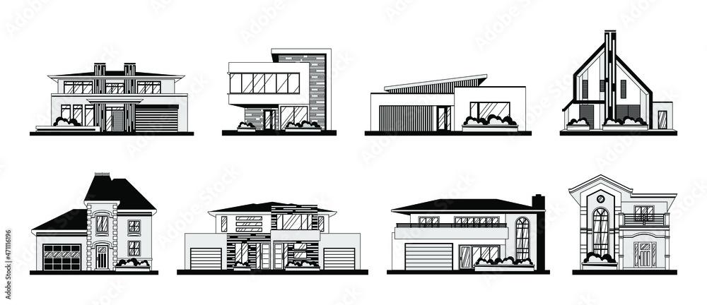 Vector illustration of a house on a white background. Sweet home. Icons for cottages, townhouses, villas, houses, buildings. A hand-drawn house. The project of the building. Drawing of the house