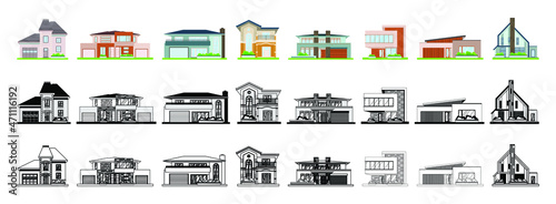 Vector illustration of a house on a white background. Sweet home. Icons for cottages, townhouses, villas, houses, buildings. A hand-drawn house. The project of the building. Drawing of the house