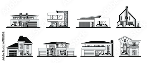 Vector illustration of a house on a white background. Sweet home. Icons for cottages, townhouses, villas, houses, buildings. A hand-drawn house. The project of the building. Drawing of the house