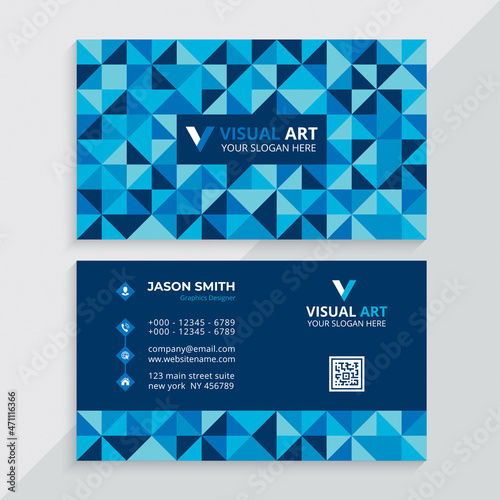 Blue business card with geometric triangles