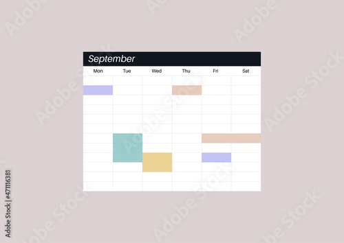 Blank weekly calendar with color fields, daily planner