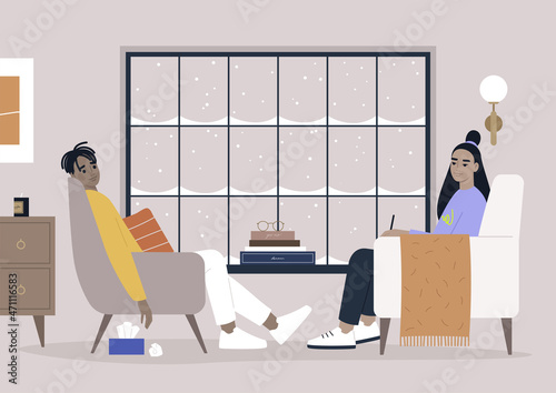 Psychotherapy session in a cozy furnished office, mental health issues