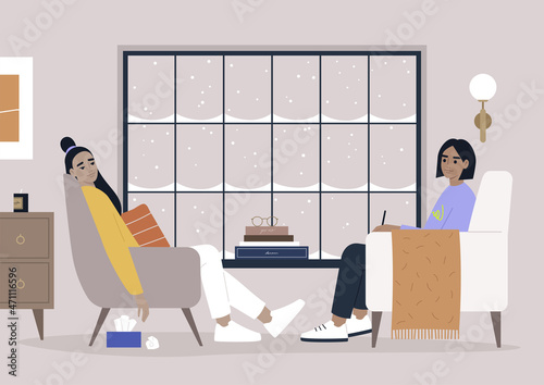 Psychotherapy session in a cozy furnished office, mental health issues