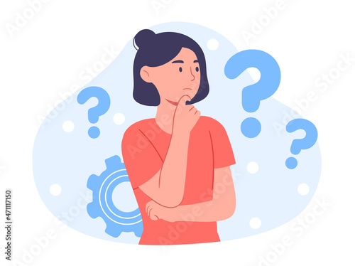 Young woman doubts and questioning everything. Young girl in casual clothes surrounded by a question mark. Flat cartoon vector illustration.