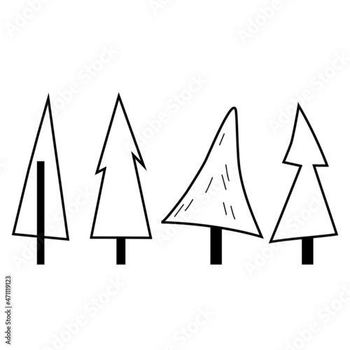 Christmas trees linear vector drawing, set of elements