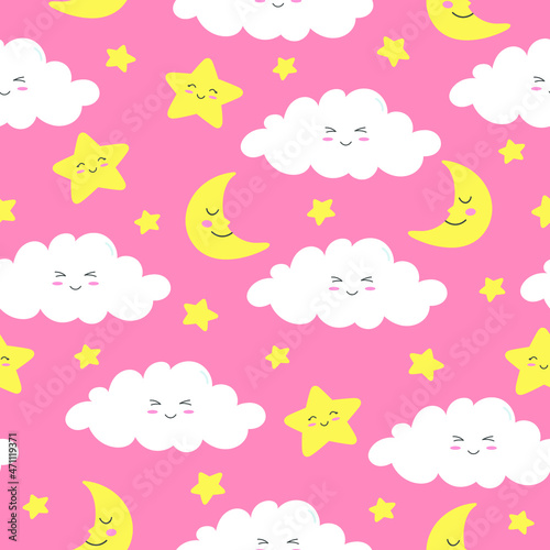 Seamless pattern of colorful smiling clouds, moon and stars on pink background. Cartoon character in flat style. Vector illustration