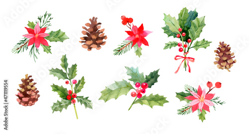 Christmas botanical clipart collection: holly branches, pine cones, bouquets, poinsettia. Hand drawn illustration