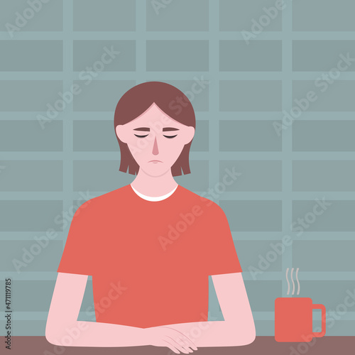 A sad person is sitting in the kitchen with a cup of coffee. Depression, apathy, teenage problems. Loneliness, a feeling of helplessness and loss, longing for another person. Flat vector illustration