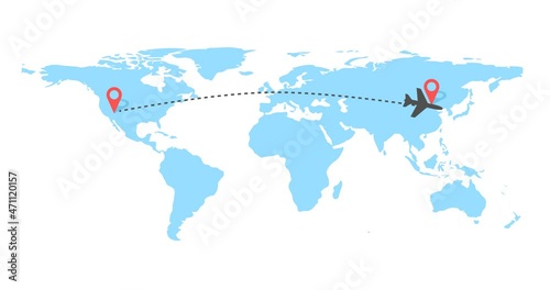 Plane flying on the world map leaving the trail. Route and two points on the map. Travel and vacation concept. 4k resolution.