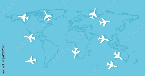 Many planes flying on the world map. Airways. Travel and vacation concept. 4k resolution
