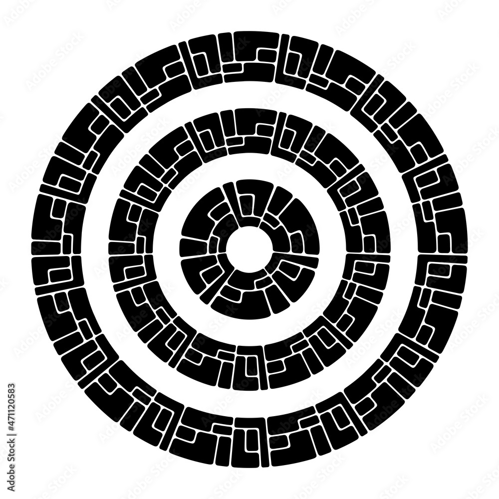 Abstract round frames, circular geometric ornaments made of stones. Decorative pattern isolated on white background. Vector monochrome illustration for invitations, greeting cards. Abstract round frames, circular geometric ornaments made of stones. Decorative pattern isolated on white background. Vector monochrome illustration for invitations, greeting cards.