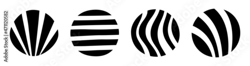Set of four striped circles. Vector geometric simple shapes, isolated on white background. Striped circles silhouettes.