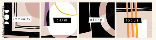 Inspirational, motivational, lifestyle words. Abstract backgrounds. Set of four isolated square Poster templates. Card, poster design. Wall art decor. Hand drawn modern Vector illustration