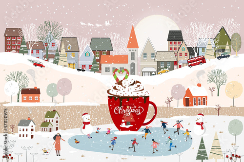 Winter wonderland landscape in the town with hot chocolate mug decoration, Happy kid playing ice skates in the park,Winter city nightlife on holiday, Christmas and new year 2022 background