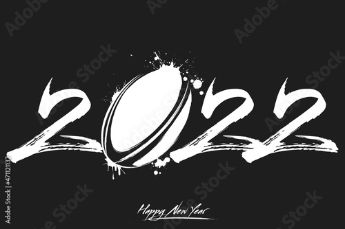 Numbers 2022 and a abstract rugby ball made of blots in grunge style. Design text logo Happy New Year 2022. Template for greeting card, banner, poster. Vector illustration on isolated background