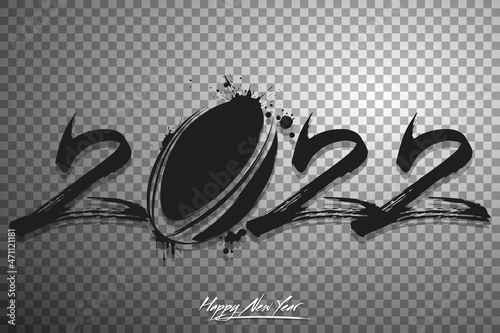 Numbers 2022 and a abstract rugby ball made of blots in grunge style. Design text logo Happy New Year 2022. Template for greeting card, banner, poster. Vector illustration on isolated background