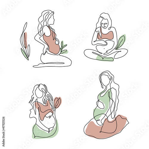 One line abstract illustration - single linear pregnant woman art set 