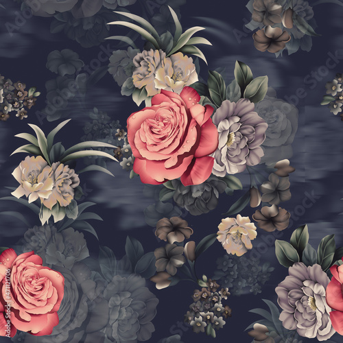 Wallpaper Mural Seamless textile flower design with dark blue ground Torontodigital.ca