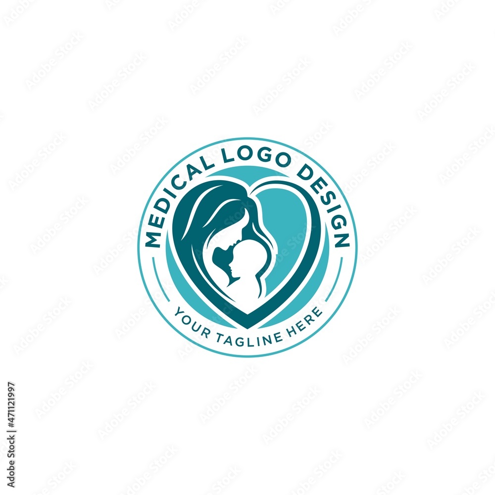 Obraz premium Mother holding baby Child heart shape Logo design vector template. Medical Clinic Child Care Logotype concept icon.
