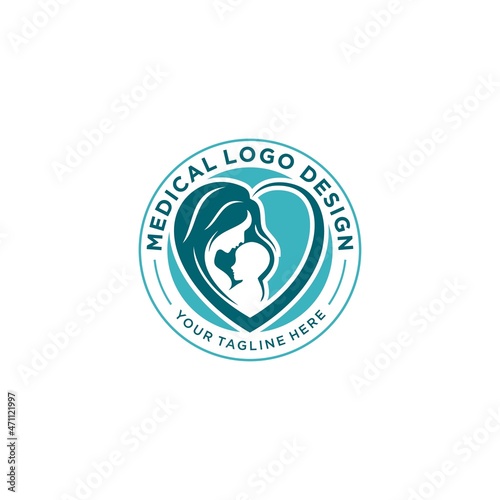 Mother holding baby Child heart shape Logo design vector template. Medical Clinic Child Care Logotype concept icon.