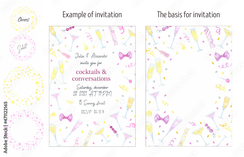 Watercolor champagne and cocktail party invitation card, layout. Fun, festive, celebration, party. Perfect for New Year, Wedding, Bachelorette Party, Anniversary, Birthday.
