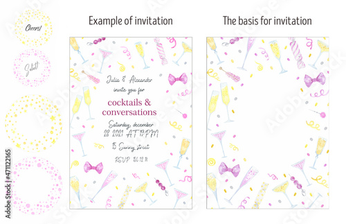 Watercolor champagne and cocktail party invitation card, layout. Fun, festive, celebration, party. Perfect for New Year, Wedding, Bachelorette Party, Anniversary, Birthday.
