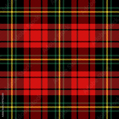 Christmas and new year tartan plaid. Scottish pattern in red, black and green cage. Scottish cage. Traditional Scottish checkered background. Seamless fabric texture. Vector illustration