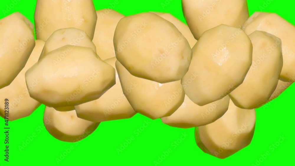 Peeled Potatoes in a Jump on Chroma Key. Three variants of freshly