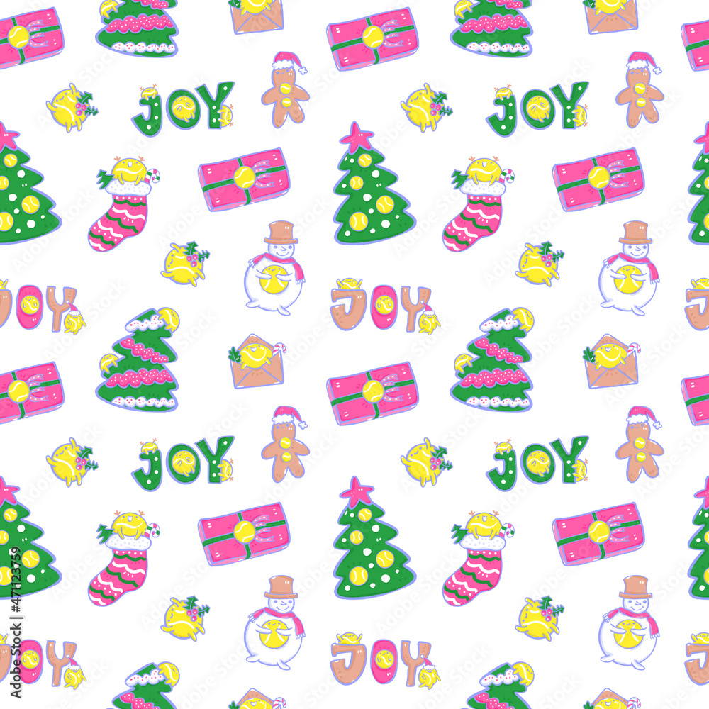 Seamless new year pattern for tennis. Sporty cute background for Christmas design. Hand drawing, cute tennis ball, lettering, kawaii style.