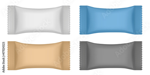 Set of realistic 3d mockups of a flow pack or sachet. Pouch. Lollypop, candy, chocolate bar or ice cream wrapper. Silver foil bag. Soap or wet wipes. Brown, black, blue and grey packaging