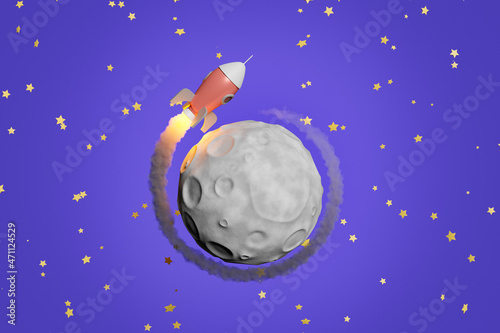 rocket orbiting the moon with stars background