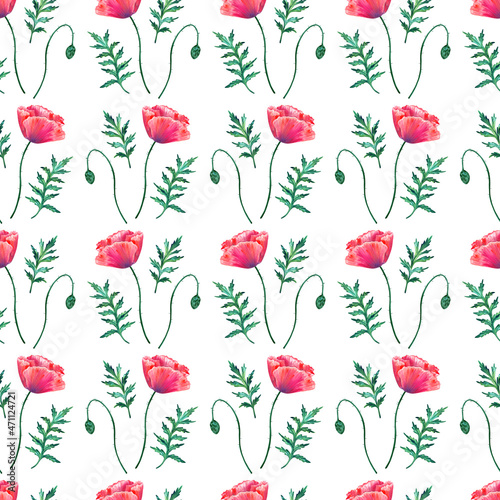 Wallpaper Mural Seamless pattern with red poppy flowers. Watercolor papaver. Green stems and leaves. Hand drawn botanical illustration. On white. Texture for print, fabric, textile, wallpaper. Torontodigital.ca