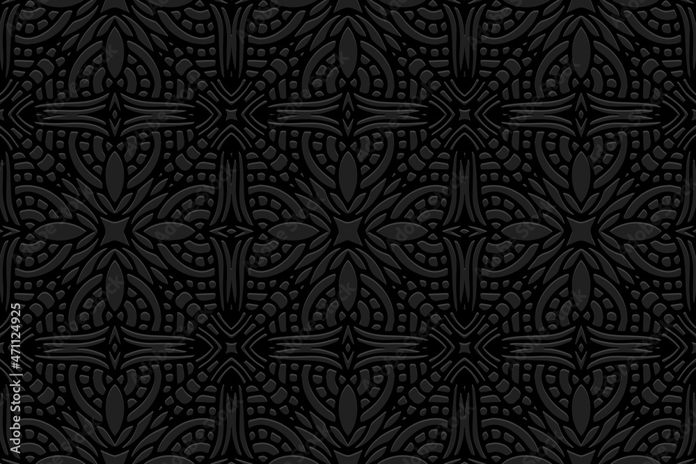 Embossed black background design. Floral texture with geometric volumetric convex ethnic 3D pattern.Vector graphic template in folk art style for business background, wallpaper, presentations.