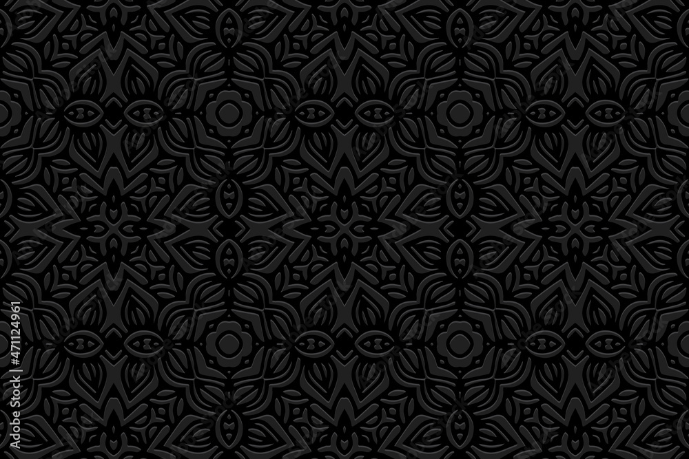 Embossed black background design. Elegant texture with geometric volumetric convex ethnic 3D pattern. Vector graphic template in the style of folk art for business background, wallpaper, presentations