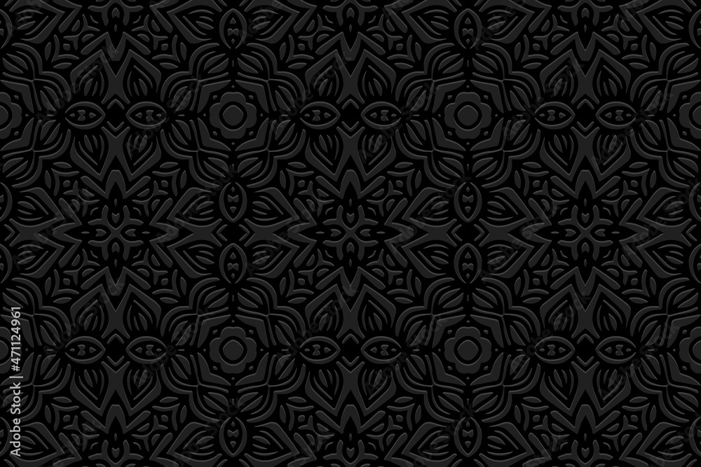 Embossed black background design. Elegant texture with geometric volumetric convex ethnic 3D pattern. Vector graphic template in the style of folk art for business background, wallpaper, presentations Embossed black background design. Elegant texture with geometric volumetric convex ethnic 3D pattern. Vector graphic template in the style of folk art for business background, wallpaper, presentations