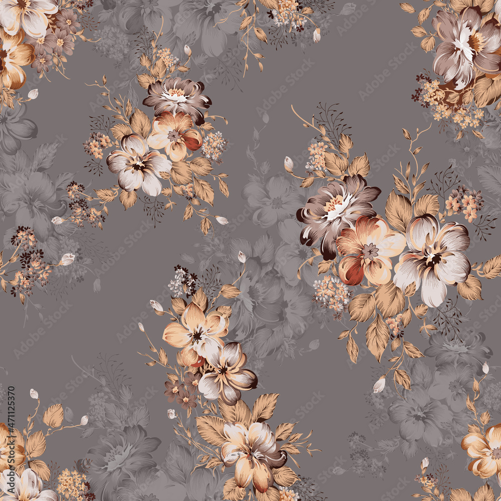 Seamless textile flower floral design on ground with flower shadow for wallpaper ,graphics, fabric ,and digital print design