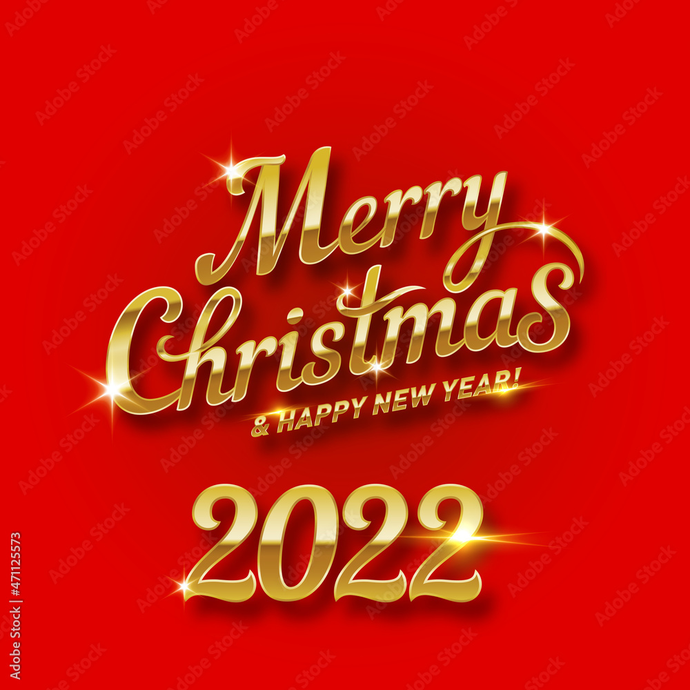 Merry Christmas 2022, and Happy New Year Lettering, for Invitation and Greeting Card, Prints, and Posters. Hand Drawn Inscription, Calligraphic Design on Red Background