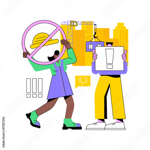 Illegal building abstract concept vector illustration. Illegal construction, valid construction permit, uncompleted unfinished building activity, demolition of abusive home abstract metaphor.